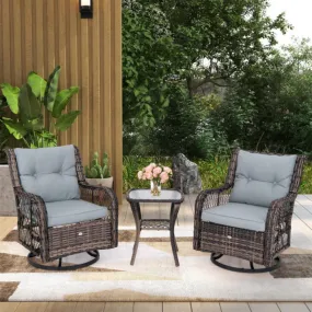 3 Pieces Outdoor Swivel Rocker Set with Small Side Table-Gray