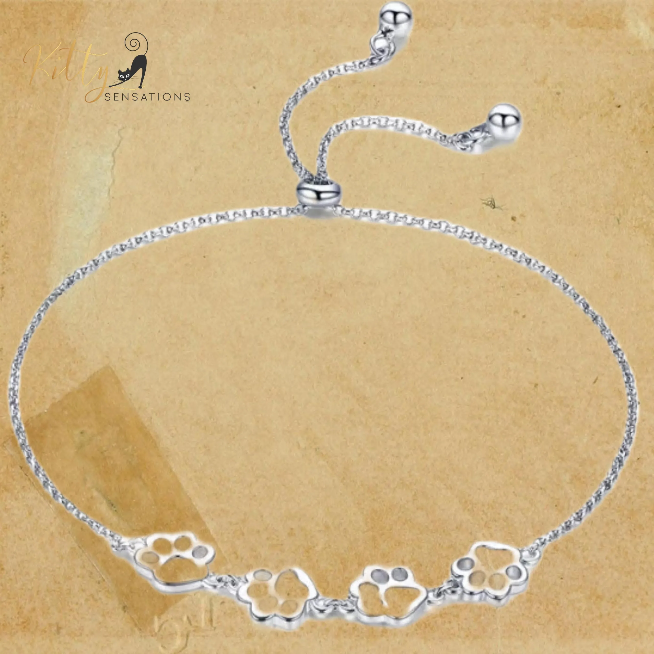 4 Cat Paws Bracelet in Solid 925 Sterling Silver - Adjustable (Platinum Plated)