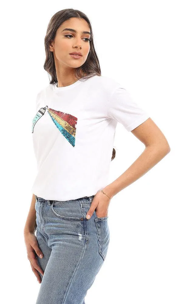 57588 Sequins & Printed Short Sleeves T-Shirt - White