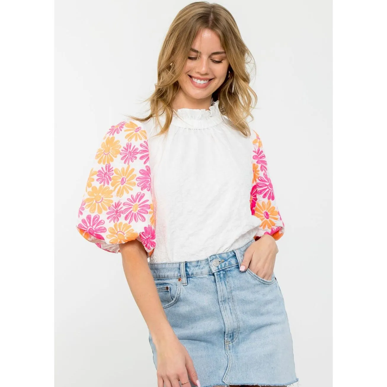 Abbot White Embroidered Sleeve THML Top- SALE