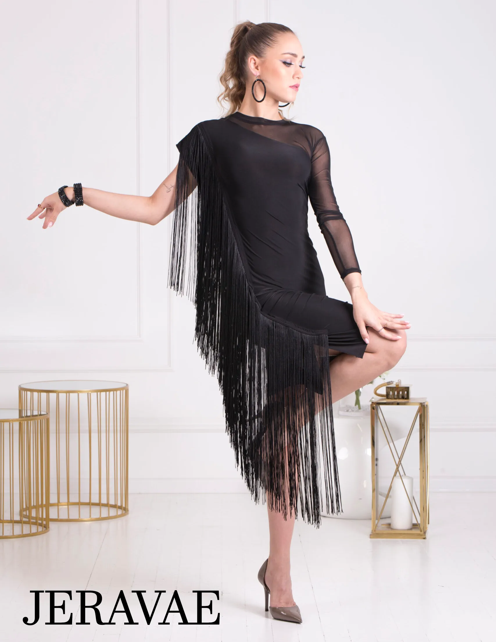 Body Positive Senga Dancewear DAISY Black Latin Practice Dress with Long Fringe and One Mesh Sleeve Sizes XL-4XL PRA 1068 in Stock