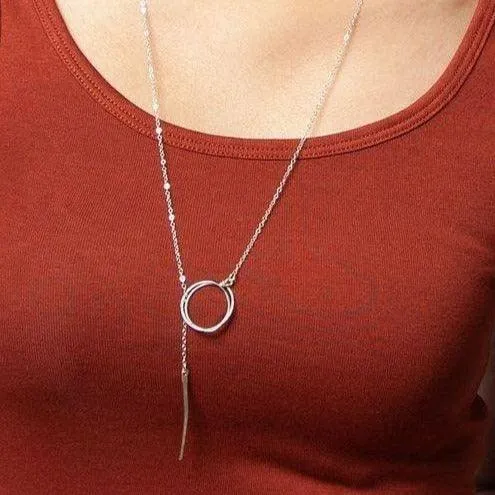 Circle and Line Lariat Necklace in Silver