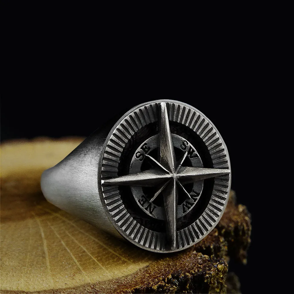 Compass Men's Signet Ring Handmade Solid 925 Oxidized Silver