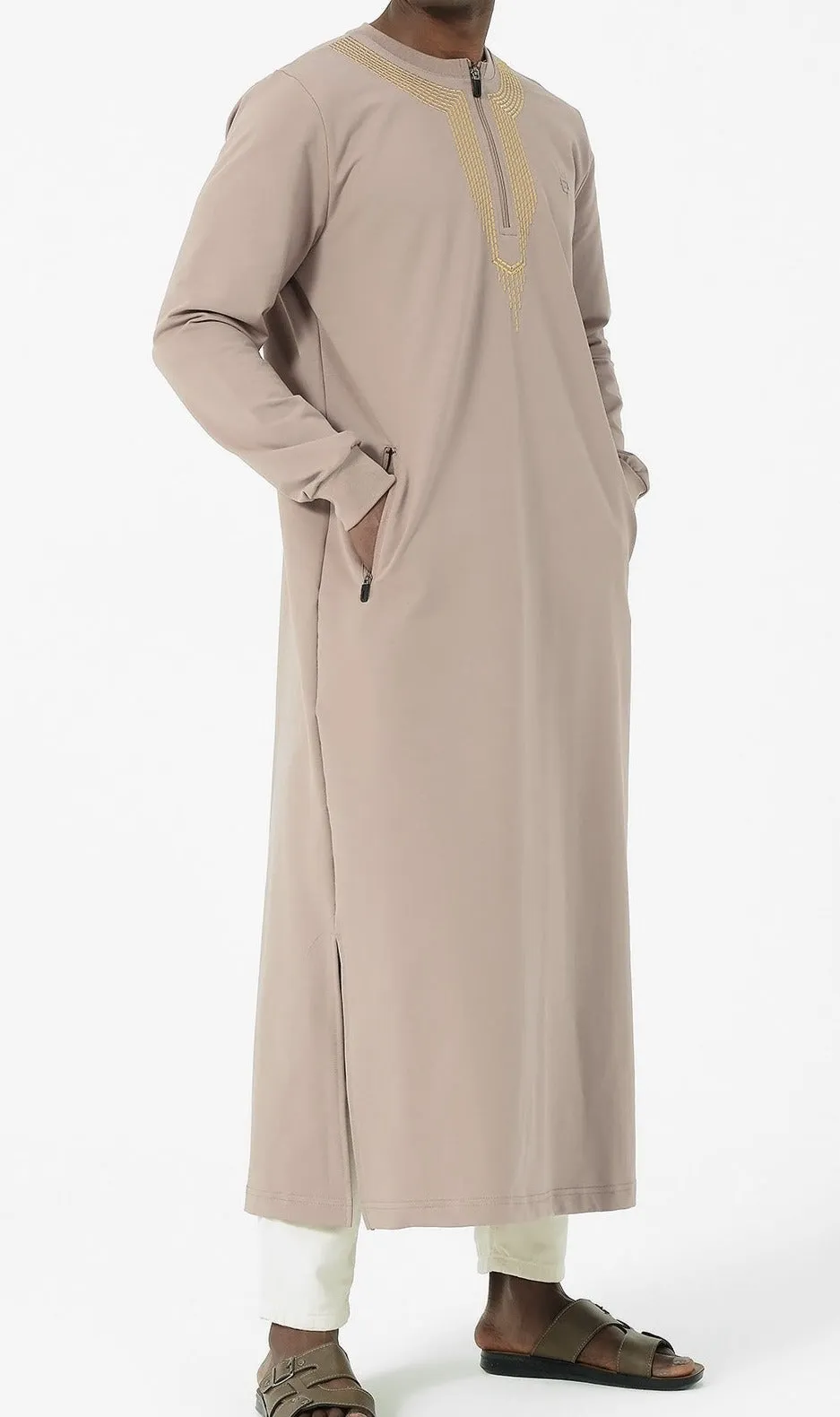 Embroidered Long Thobe for Muslim Men Kamees Sham R24 QL in Taupe