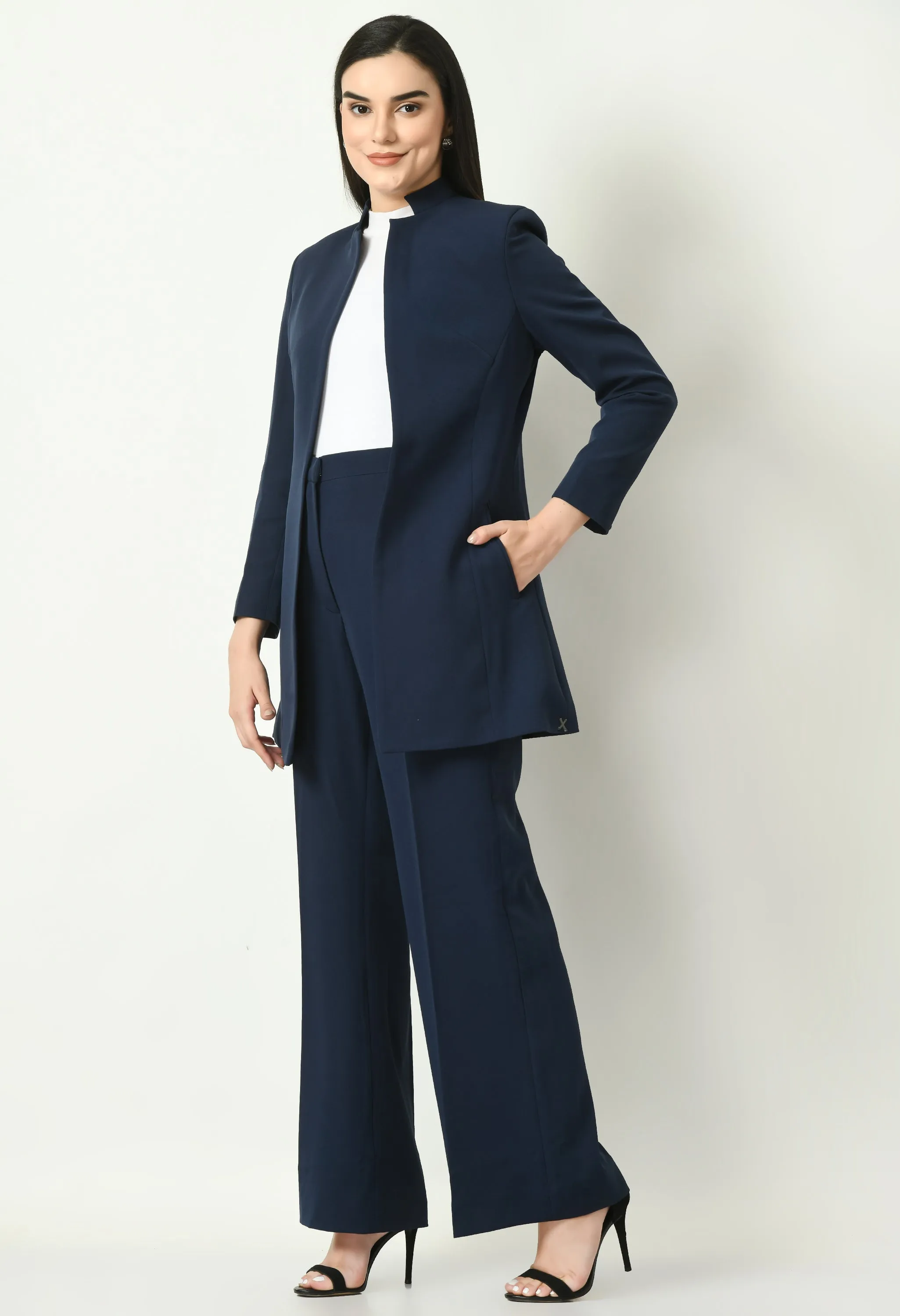 Exude Mastery Solid Long Blazer with Bootcut Trousers (Navy)