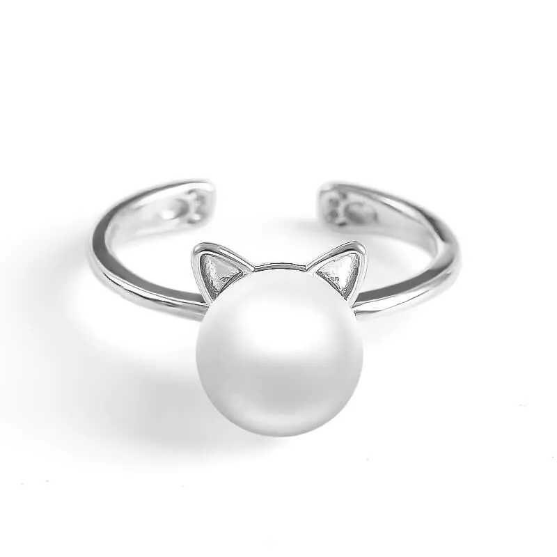 Freshwater Pearl and Engraved Paws Cat Ring (Silver Plated)