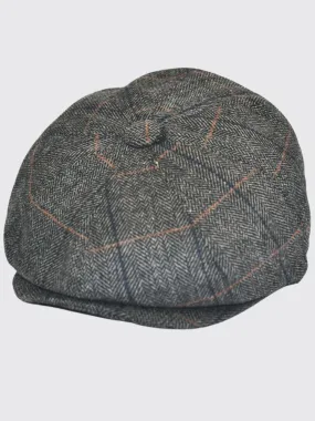 G&H Jude Wool Blend Grey Herringbone Check Newsboy Cap