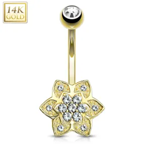 Gem Paved 6 Petals CZ Cluster Center 14 Karat Solid Gold WildKlass Navel Ring