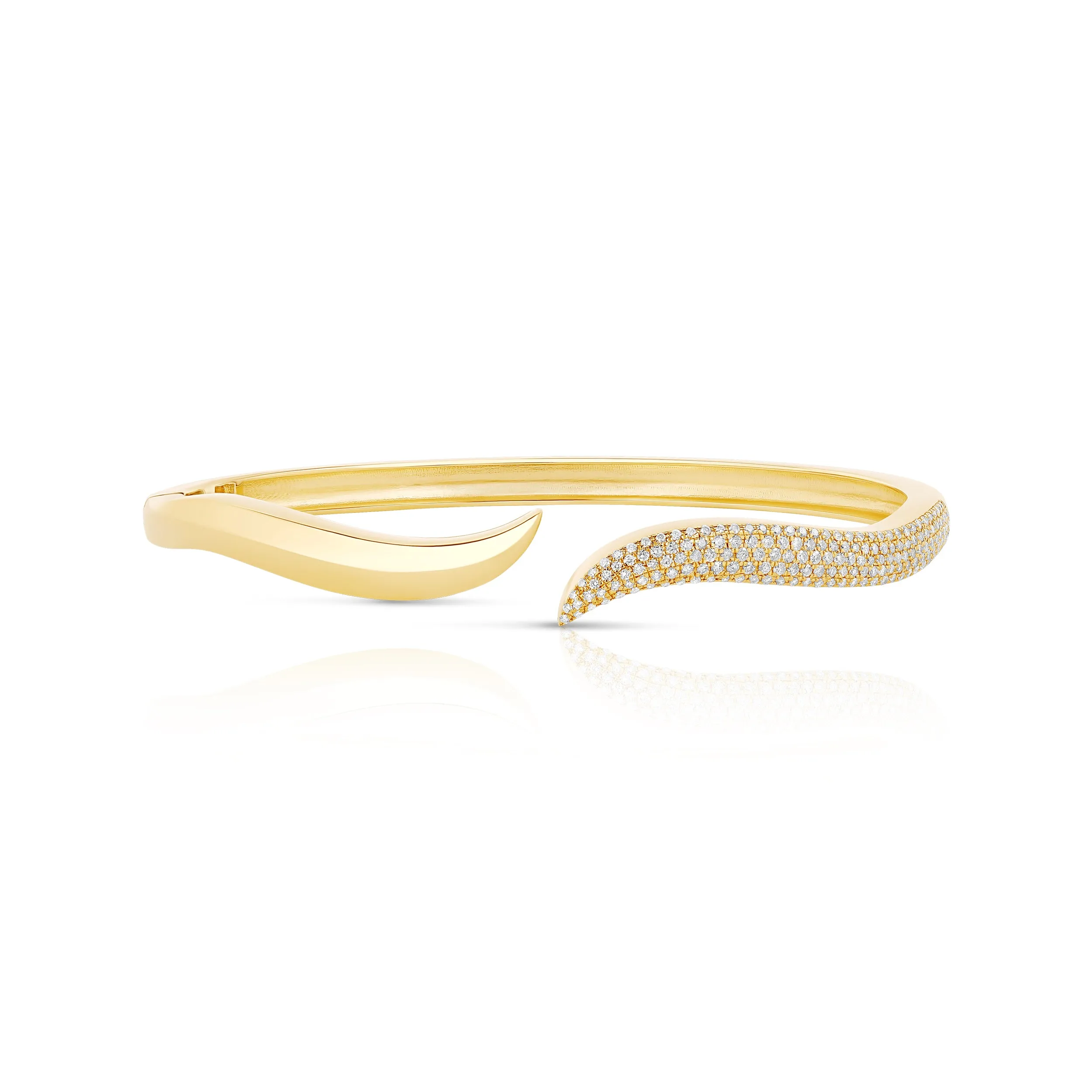 Half Pave Half Solid Gold Wave Cuff Bangle