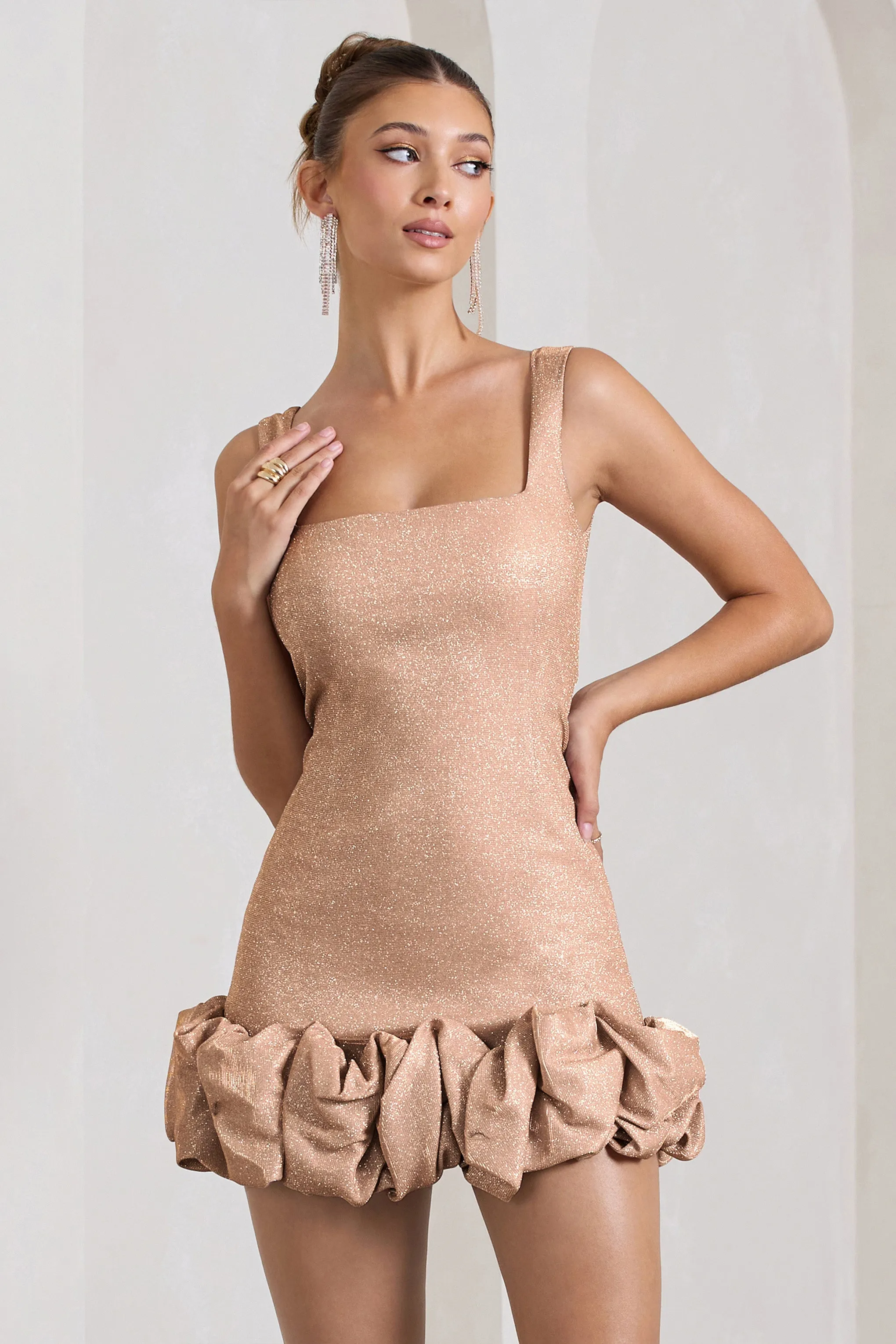 Lucy | Blush Glitter Strappy Micro Mini Dress With Ruffle Trim