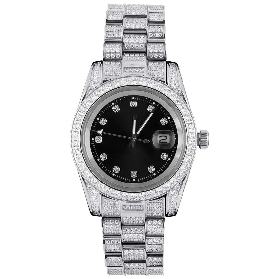 Moissanite Presidential Watch w/ Black Dial in White Gold