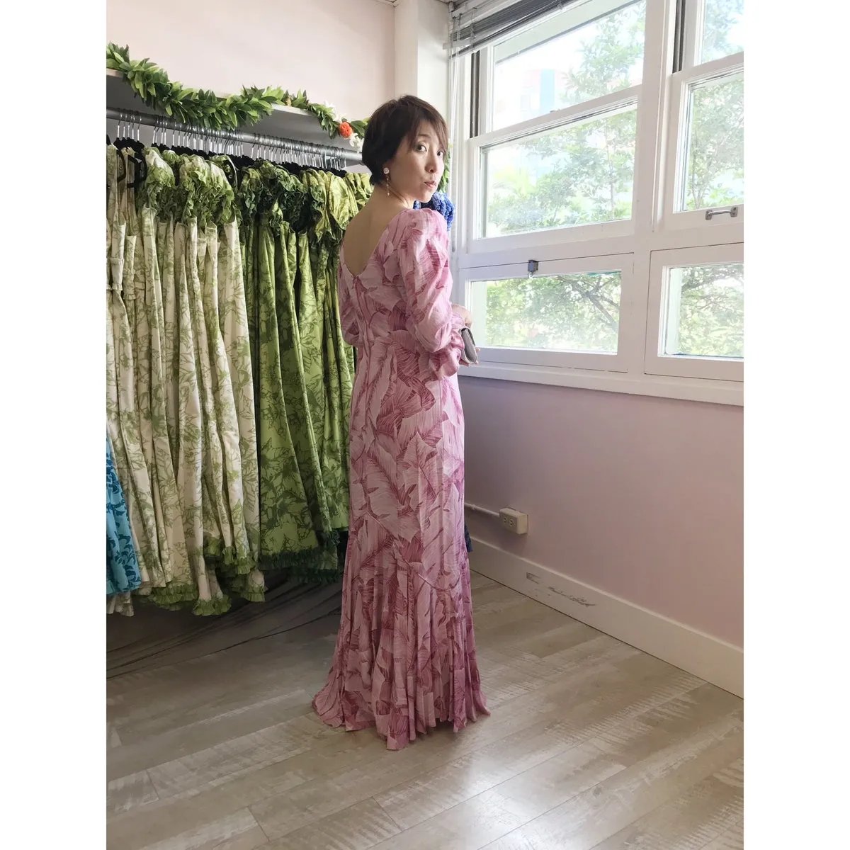 Pink Banana Leaf Rayon Long Hawaiian Dress 2701