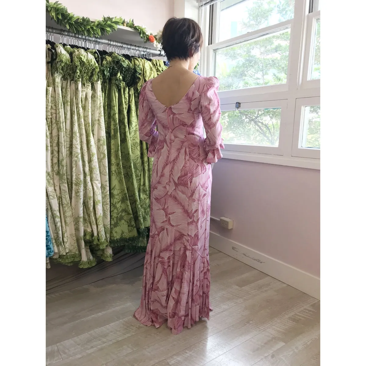 Pink Banana Leaf Rayon Long Hawaiian Dress 2701