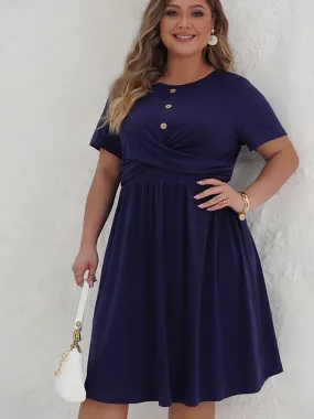 [Plus Size] Deep Blue 1950s Solid Front Cross Dress