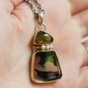 Ready to Ship - Green Tourmaline and Dendritic Agate Pendant - 14K Tourmaline Necklace