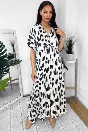 Silk Blend Black And White Snow Leopard Print Maxi Dress