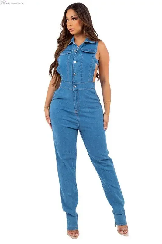 Sleeveless Jumpsuit Cut-out Turn Down Collar