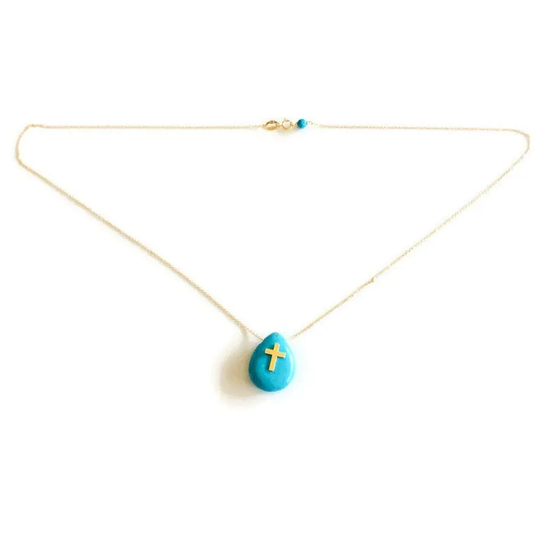 Solid Gold 18K Minimalist Turquoise Cross Pendant Floating Thin Chain