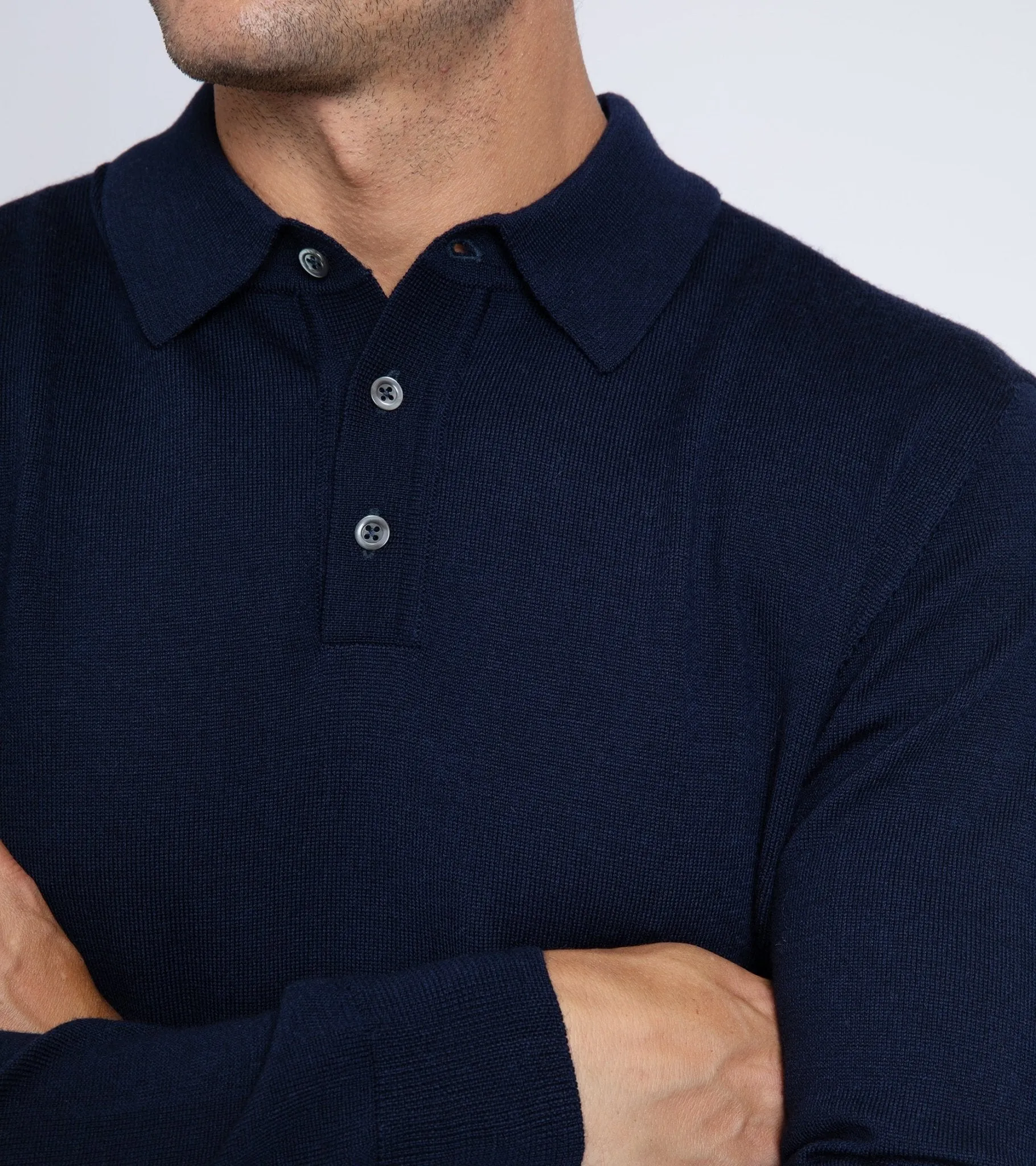 Trunk Enford Merino Knit Long Sleeve Polo Shirt: Navy