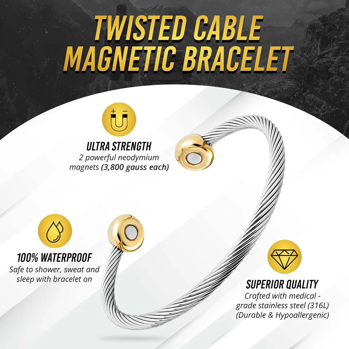 Twisted Cable Magnetic Bracelet Cuff (Silver & Gold)