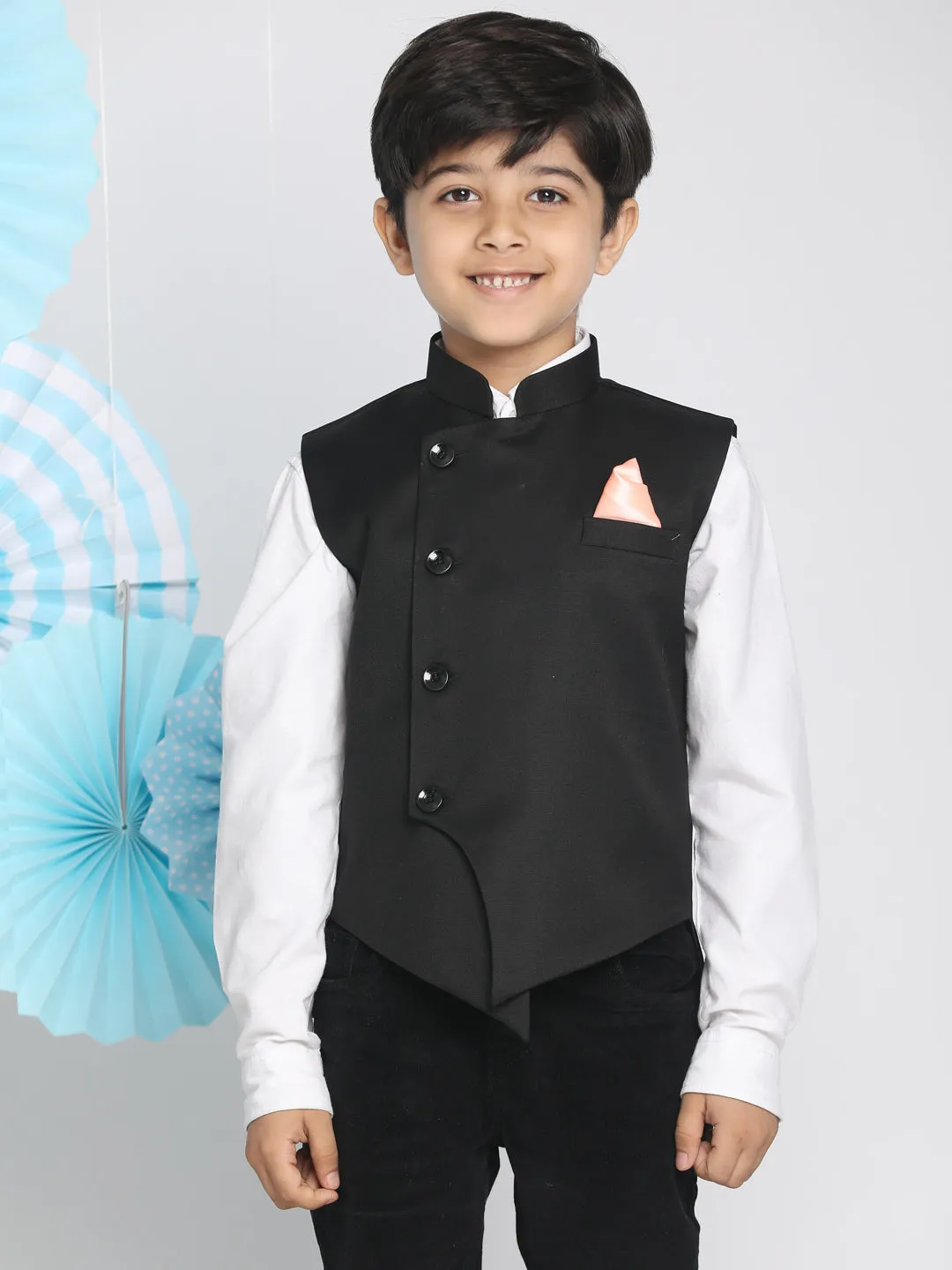 VASTRAMAY Black Cotton Blend Twill Nehru Jacket