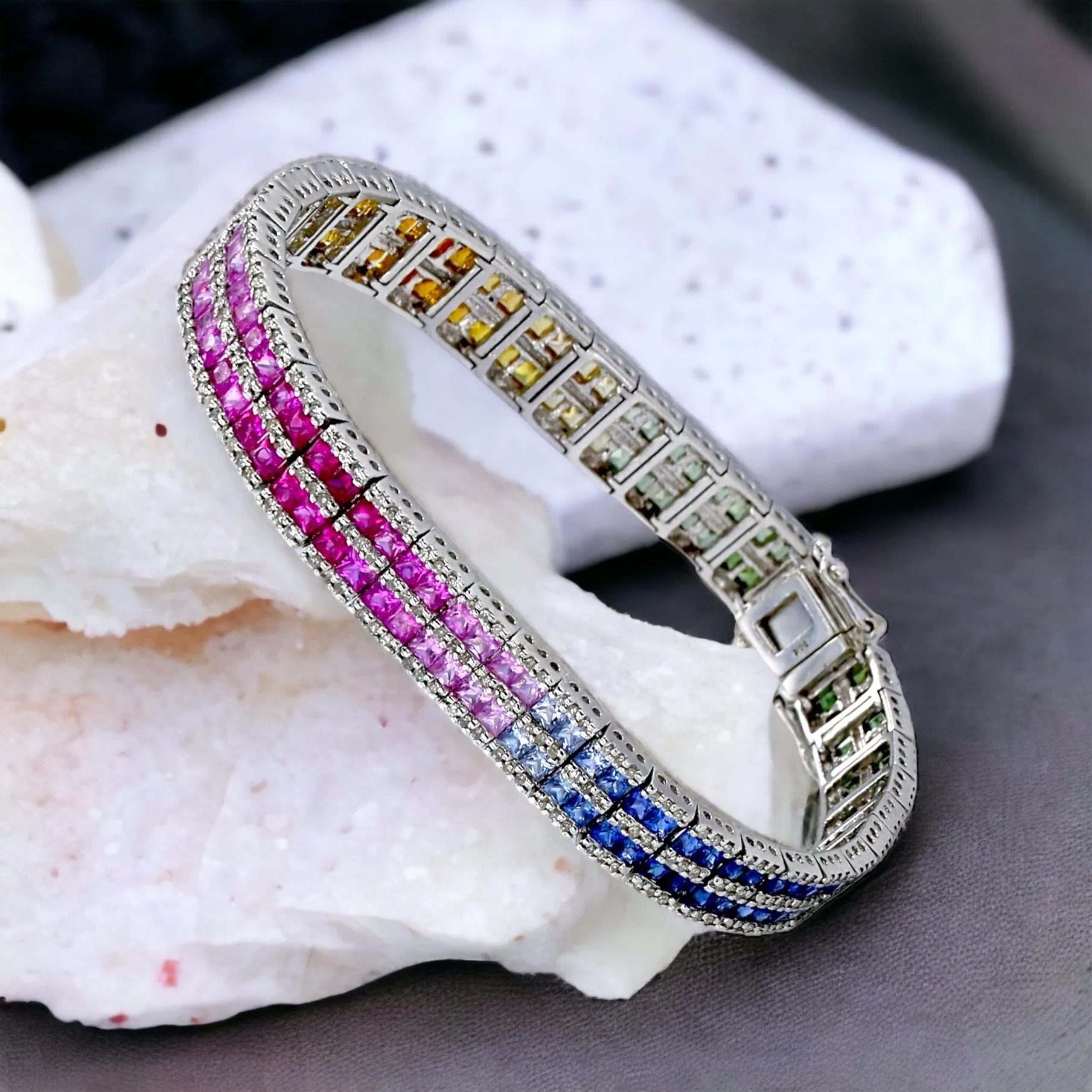 White 14k gold 2 row rainbow sapphire bracelet